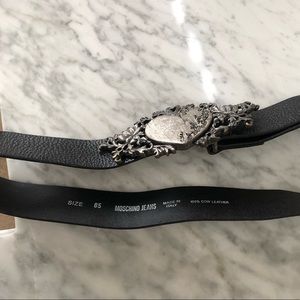Moschino Black Leather Belt with Ornate Silver Heart Buckle